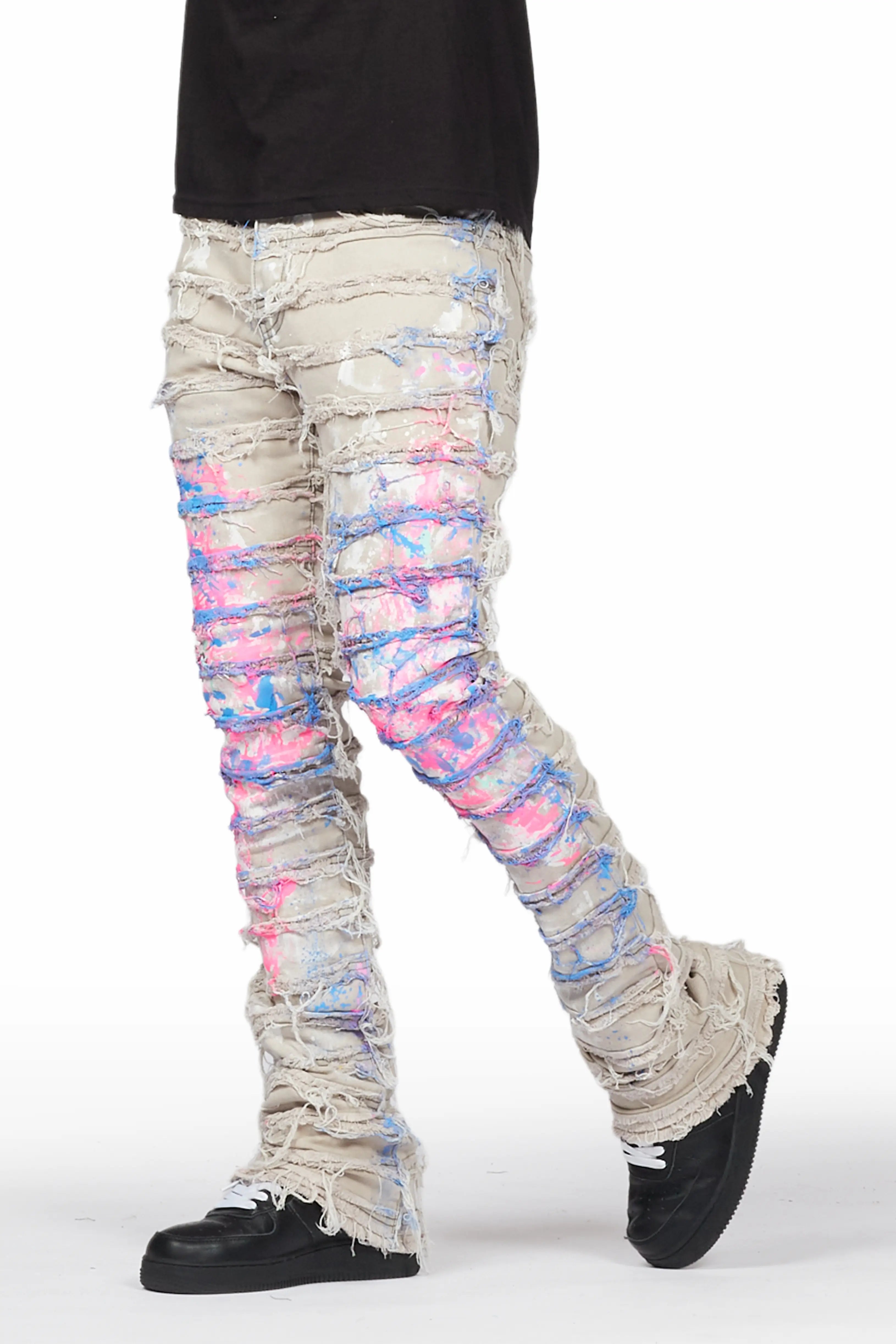 ROCKSTAR ORIGINAL Jean Flare Femme Tendance Qamar Effet Peinture Rose/Bleu Superposé