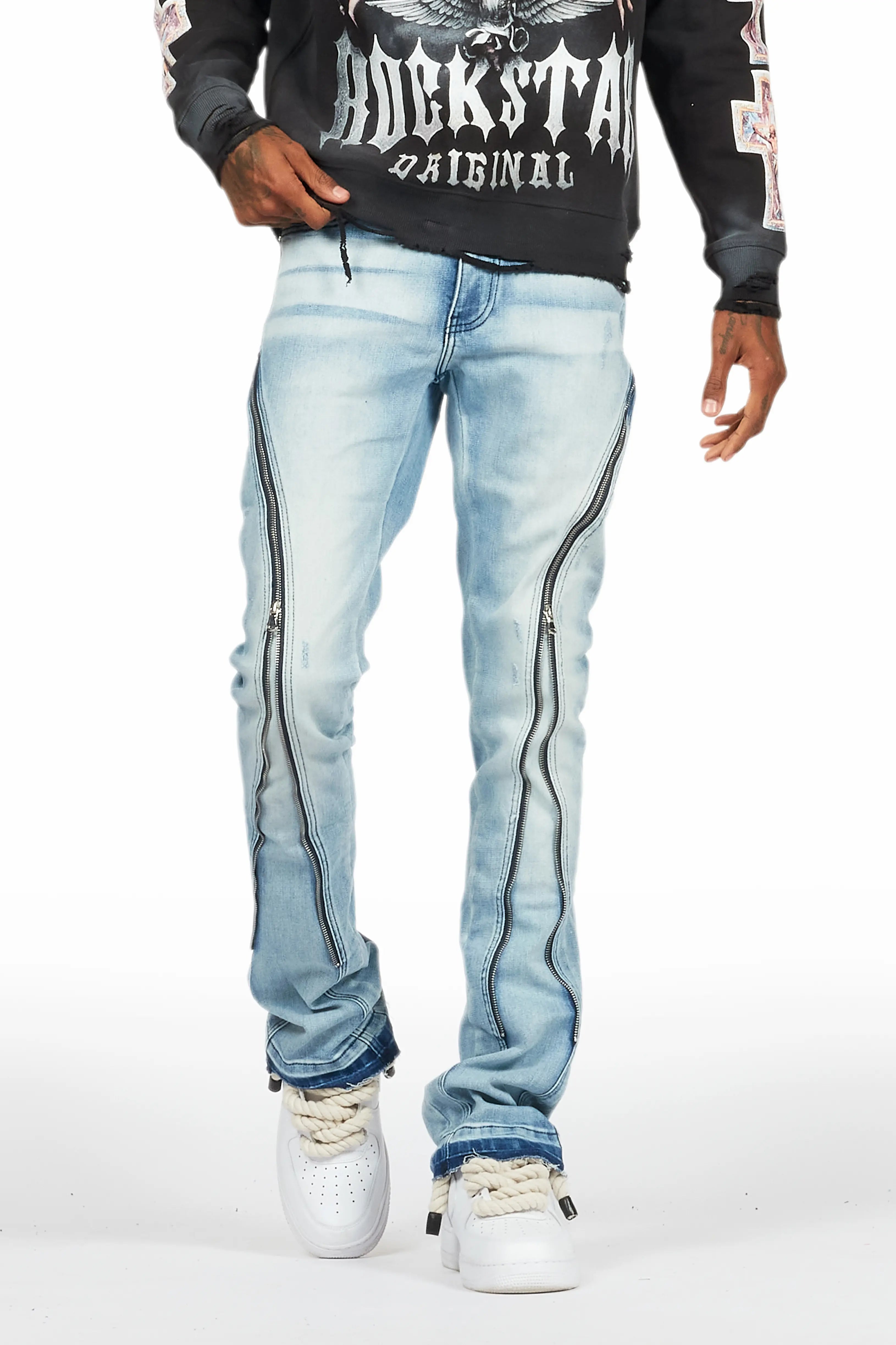 ROCKSTAR ORIGINAL Jean Flare Évasé Bleu Rani avec Poches Sculptées