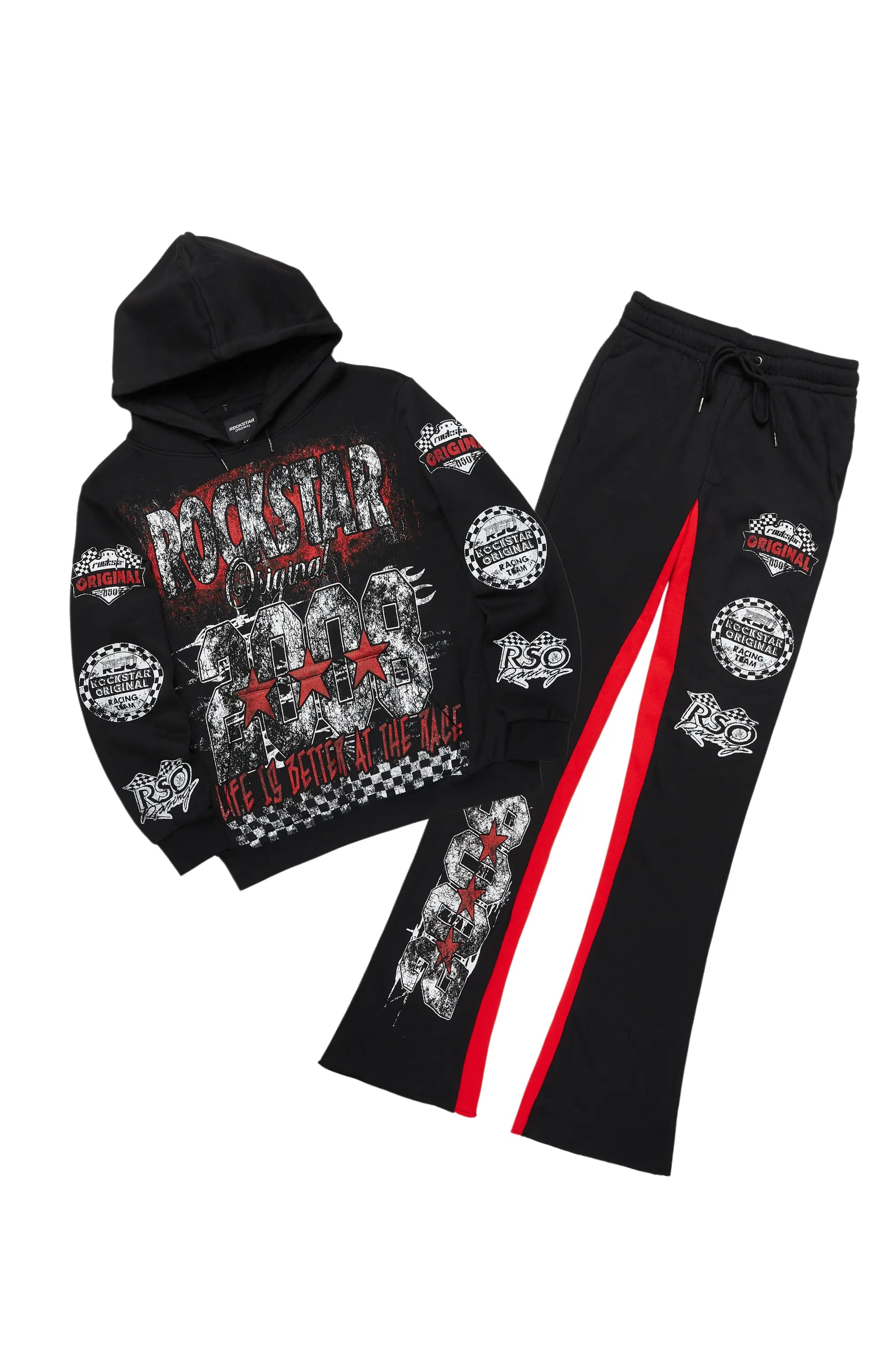 ROCKSTAR ORIGINAL Sweat à Capuche Noir Sport Racing Grung / Pantalon Large Jogging Ensemble Décontracté Style Urbain