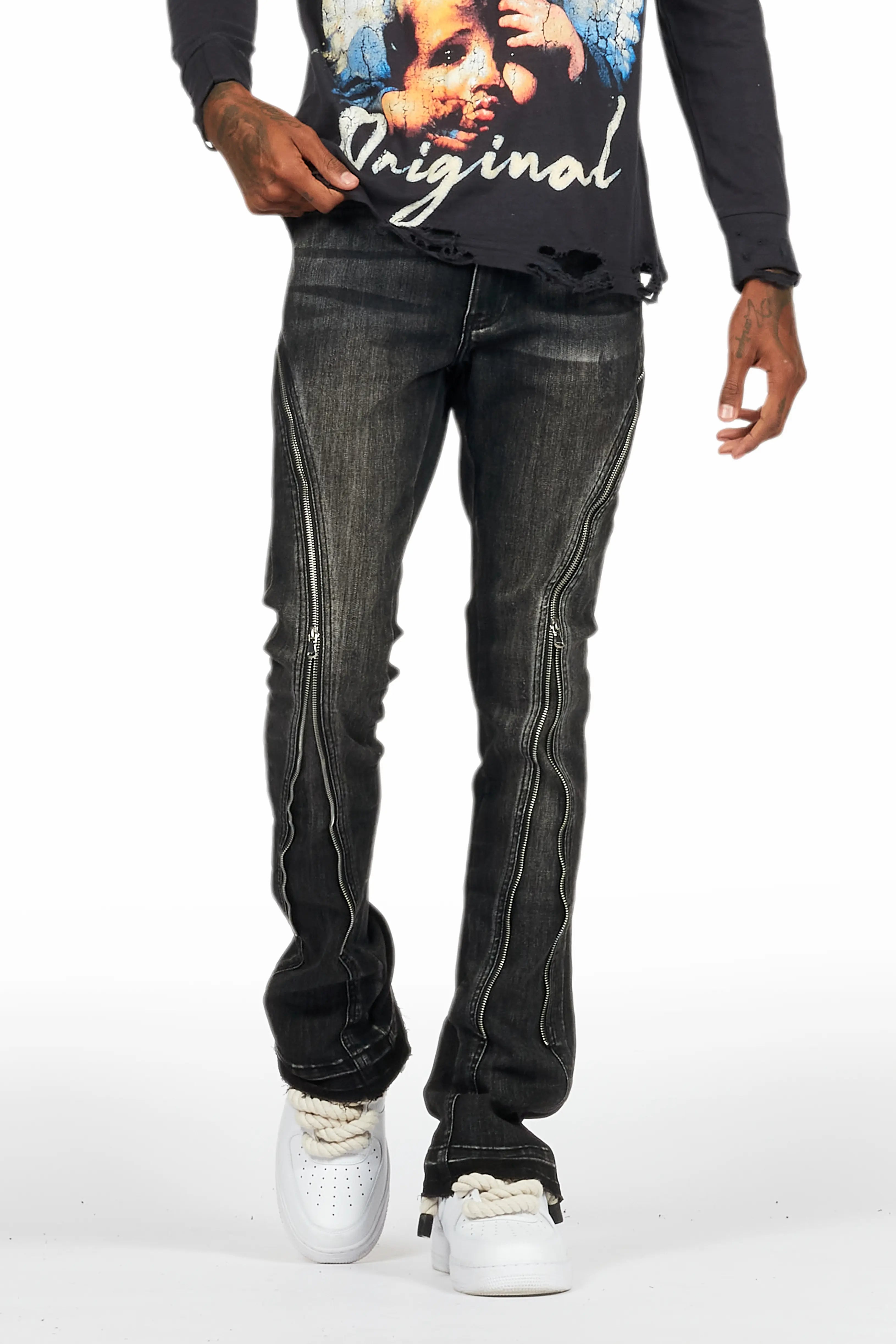 ROCKSTAR ORIGINAL Jean flare Rani noir avec superpositions travaillées