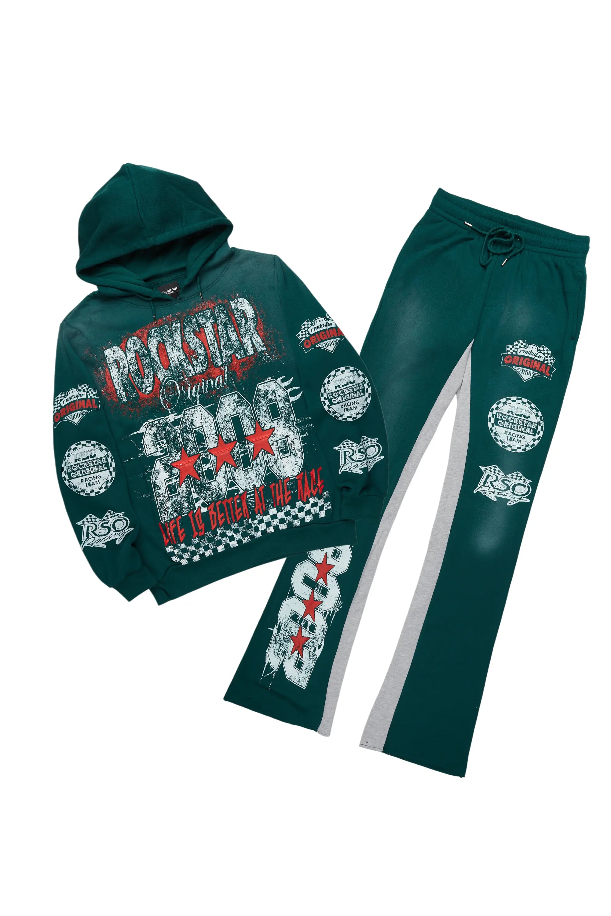 ROCKSTAR ORIGINAL Ensemble sportif grunge vert foncé : sweat à capuche et pantalon jogging oversize
