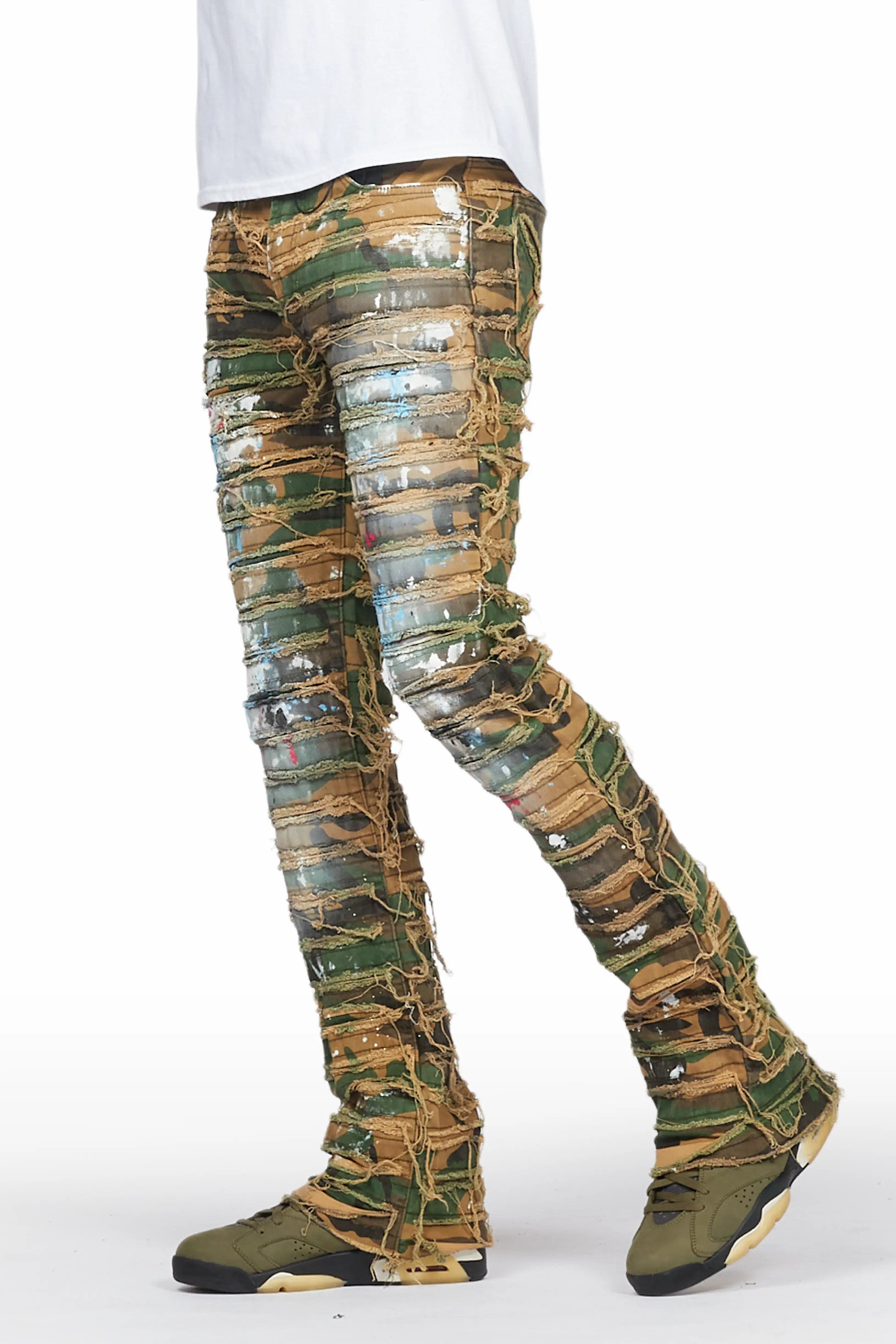 ROCKSTAR ORIGINAL Jean Raith effet peintre délavé avec camouflage usagé et coupe évasée
