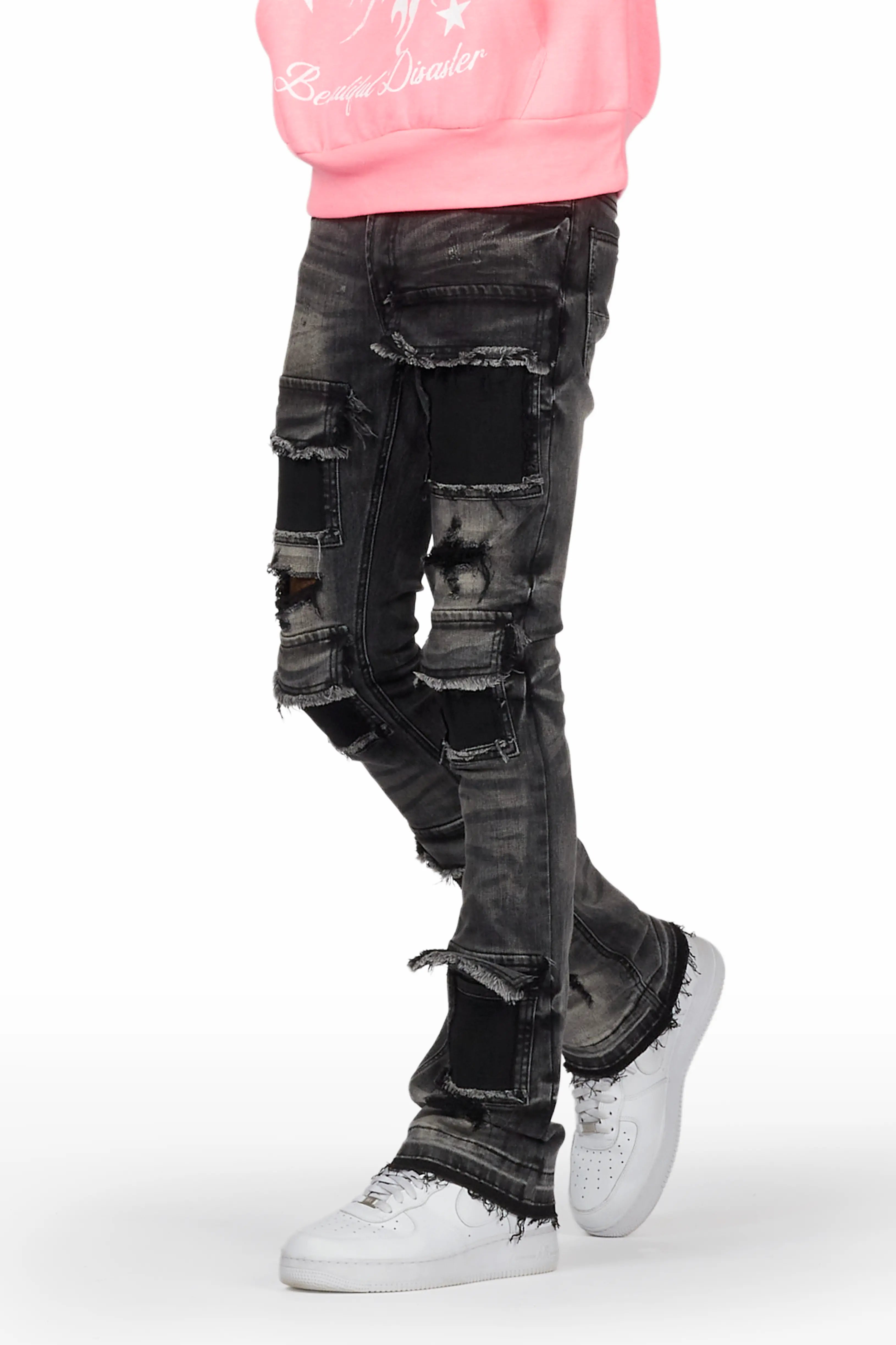 ROCKSTAR ORIGINAL Jean Flare Tendance en Denim Gris Petrus à Ourlet Surdimensionné