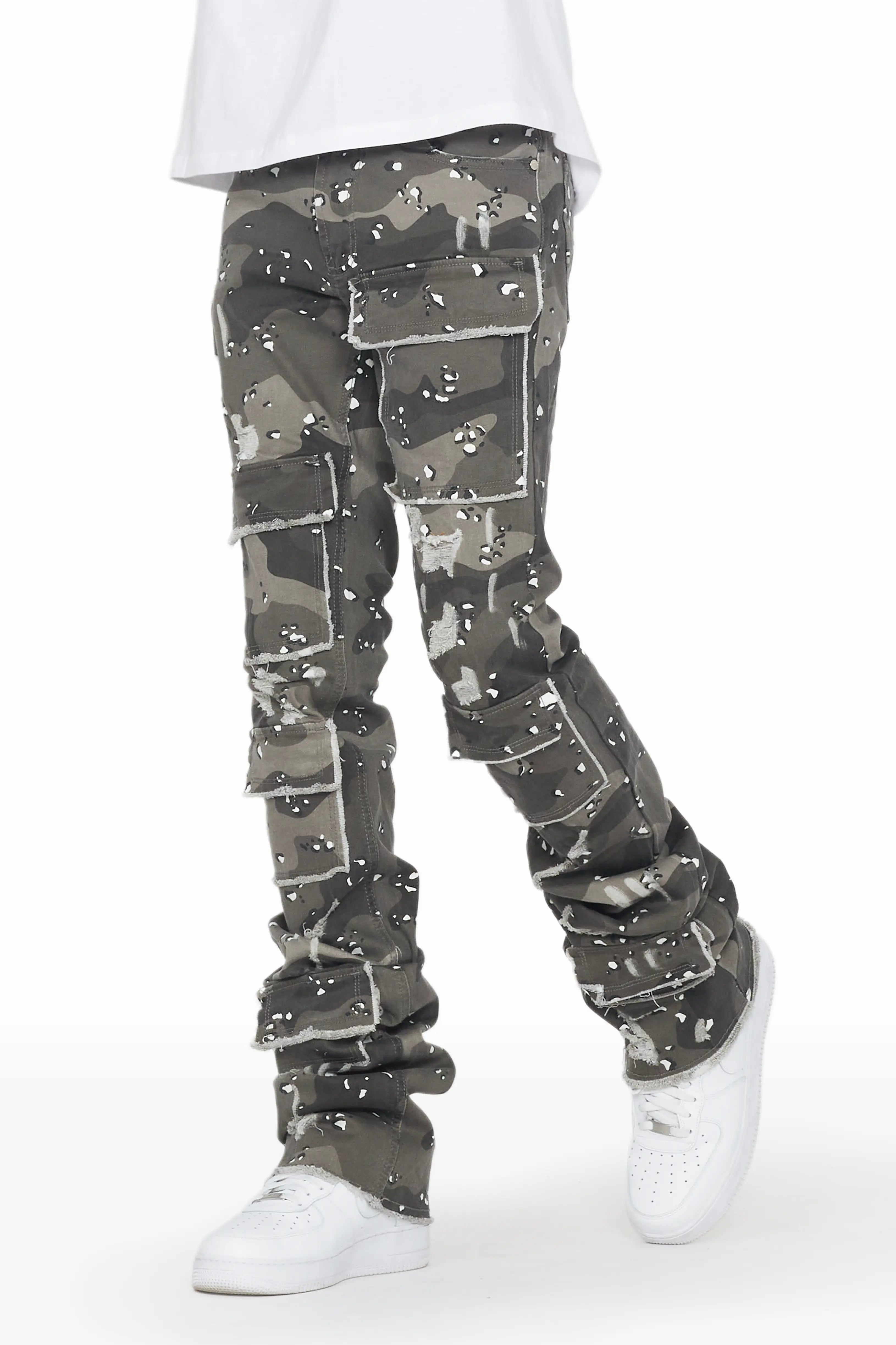 ROCKSTAR ORIGINAL Jean Flare Patron Camouflage Gris Petrus avec Superposition Intense