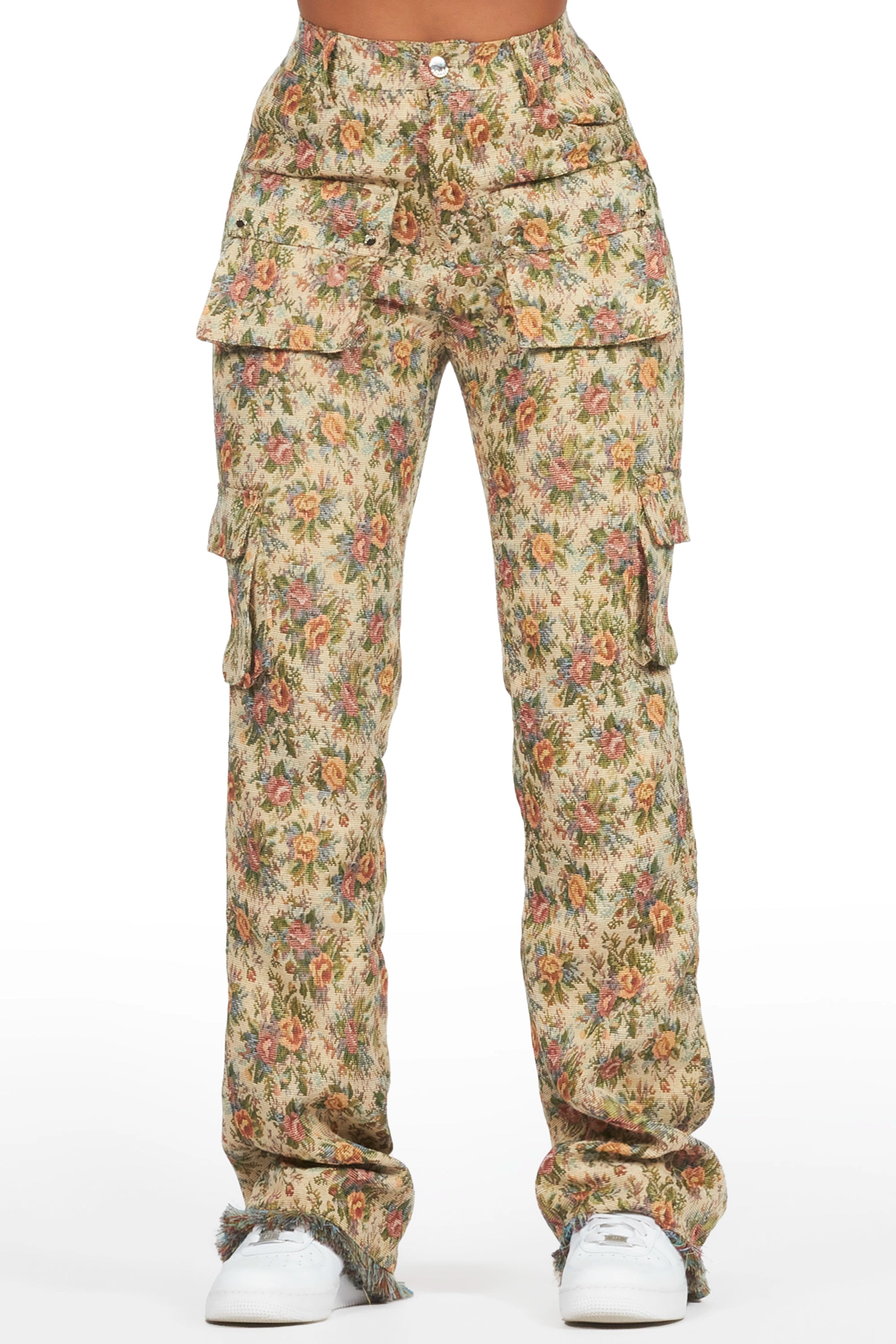 ROCKSTAR ORIGINAL Pantalon Évasé Broderie Florale Niyah Tan à Superpositions Délicates