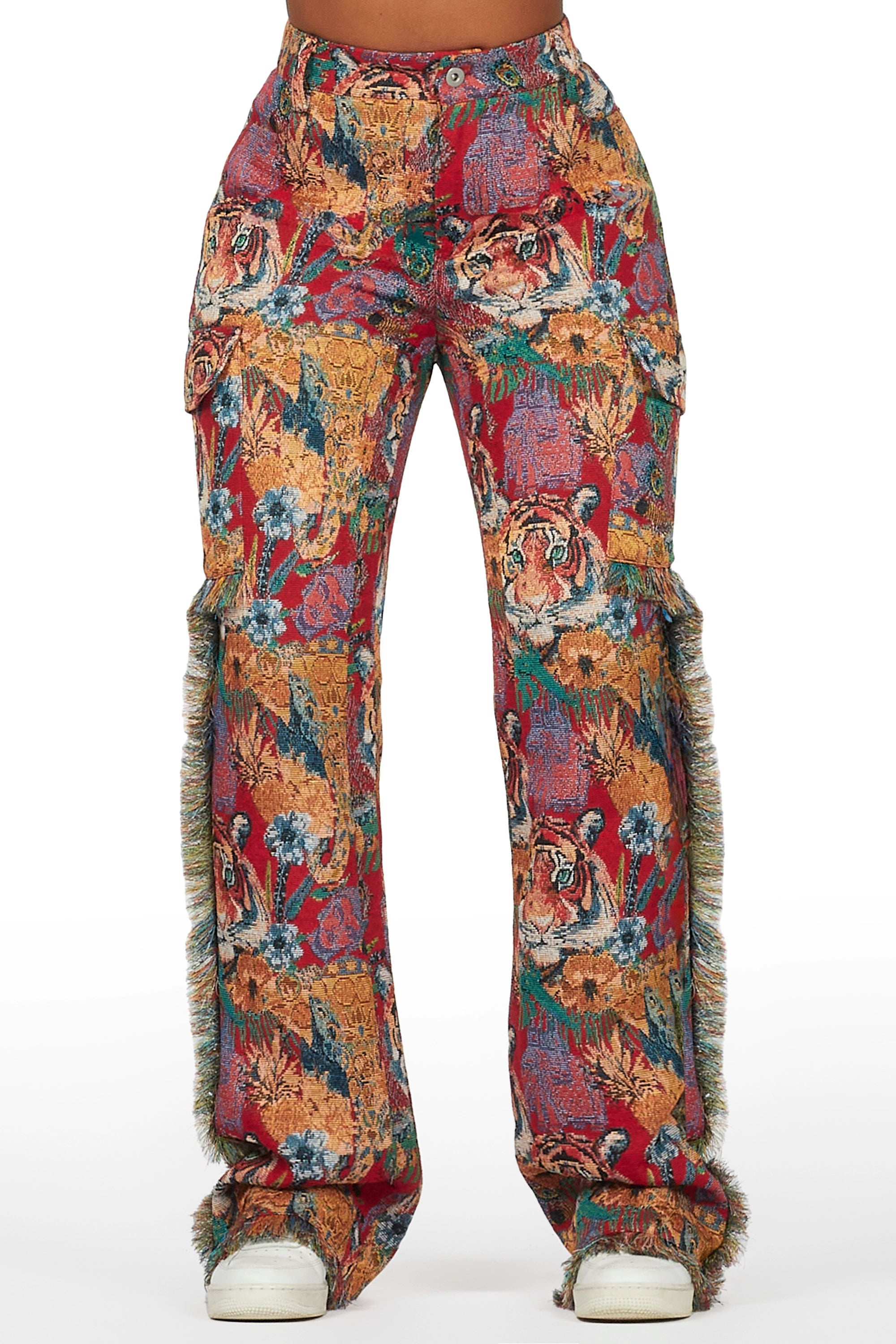 ROCKSTAR ORIGINAL Pantalon à empiècements en tissu riche rouge Rena avec détails travaillés